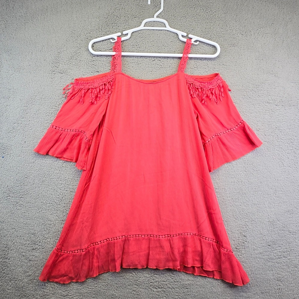 Paisley Vine Dress Womens Size Small Coral Pink Cold‎ Shoulder Bell Sleeve Short